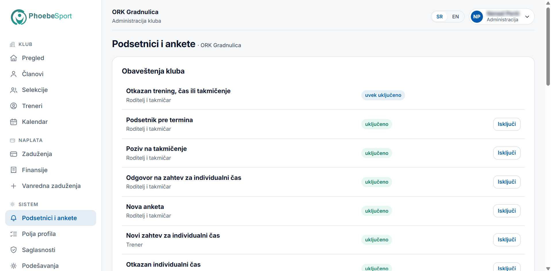Podešavanja obaveštenja kluba, gde je otkazan trening uvek uključen