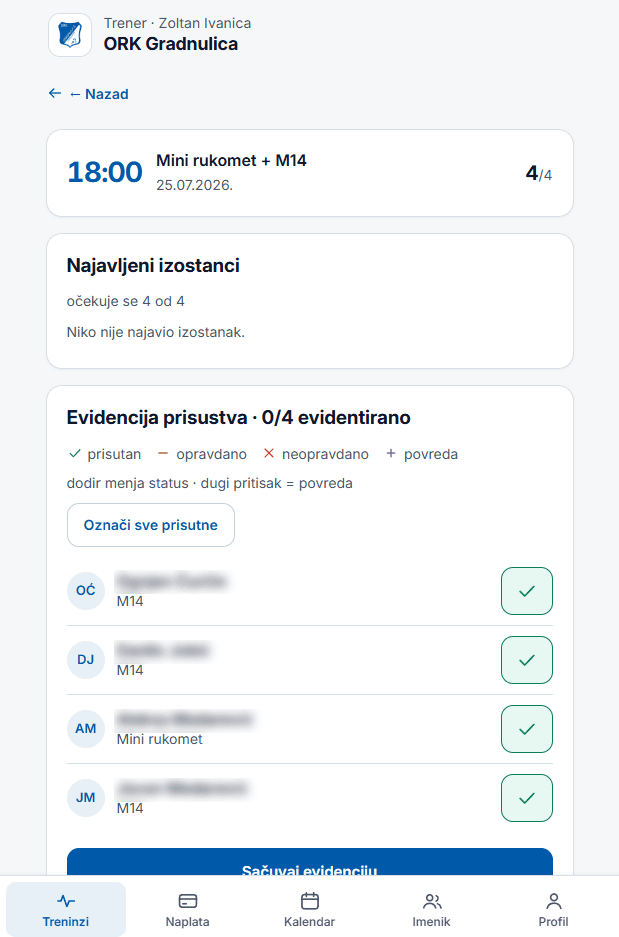 Trener evidentira prisustvo na telefonu